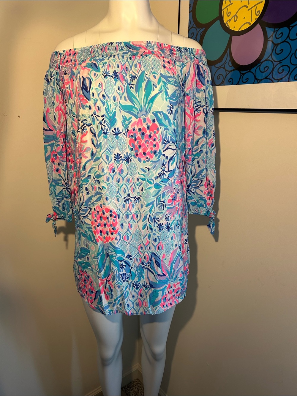 Lilly Pulitzer Maryellen Pink and Blue Off-the-Shoulder Dress